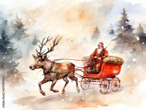 Santa Claus on a sleigh with a reindeer. Christmas watercolor illustration. Card background frame. © keystoker