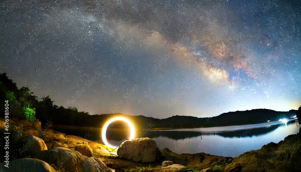 Voie Lactée avec Cercle Lumineux au Bord d'un Lac