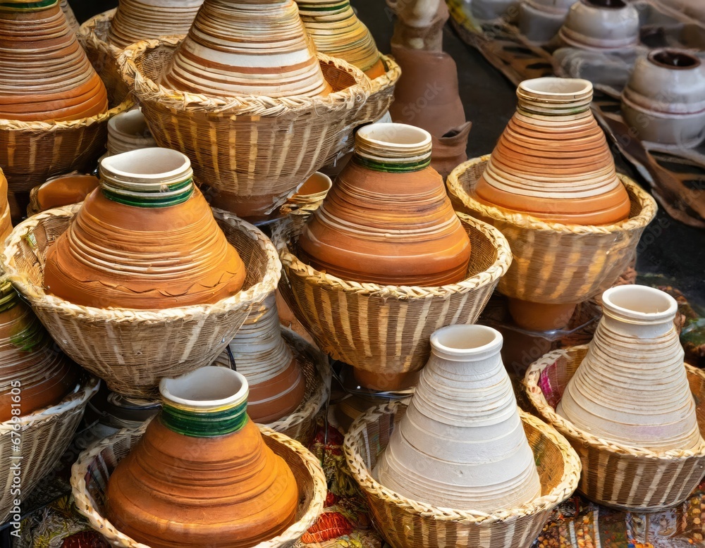 Poteries Traditionnelles en Argile sur un Marché Local