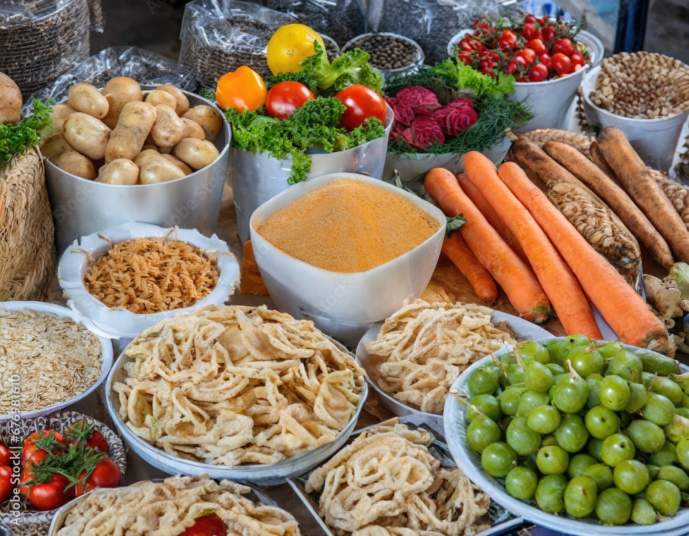 Étals de Produits Alimentaires Frais au Marché