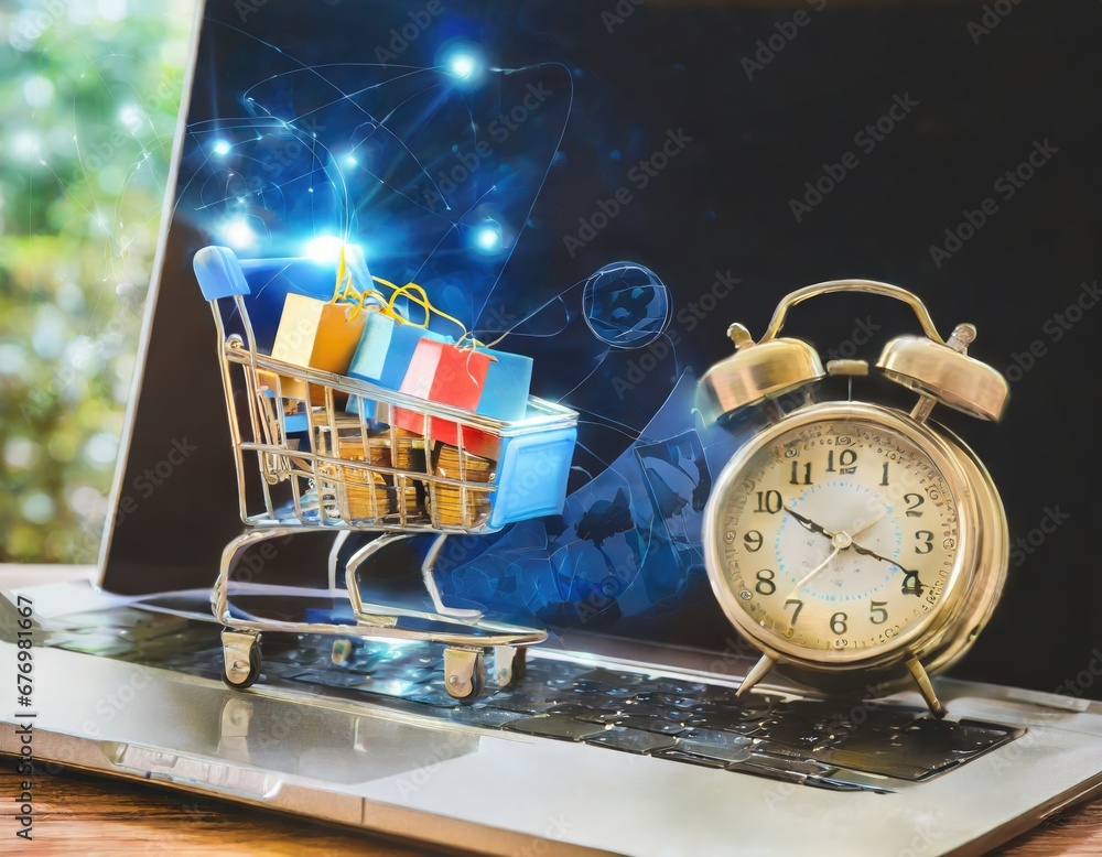 Concept de Commerce Électronique avec Chariot et Réveil sur Ordinateur Portable