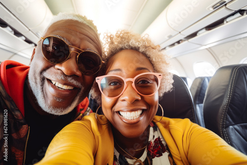 Happy smiling older black tourist couple taking selfie inside airplane. Tourism concept, holidays and traveling lifestyle. © Katrin Kovac