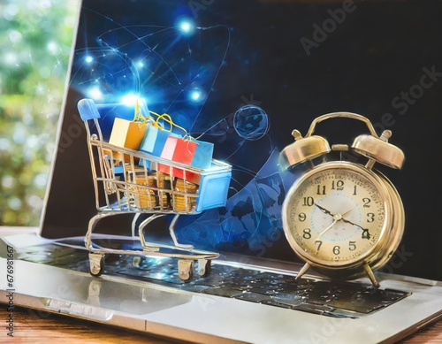 Obraz na płótnie Concept de Commerce Électronique avec Chariot et Réveil sur Ordinateur Portable w salonie