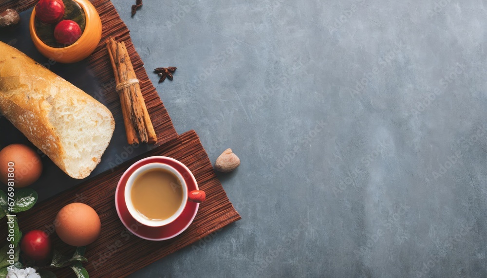 Petit Déjeuner avec Café et Pains sur Planche en Bois