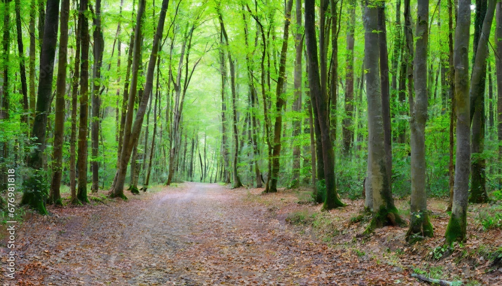 Sentier forestier : Promenade paisible à travers la forêt verdoyante - obrazy, fototapety, plakaty 