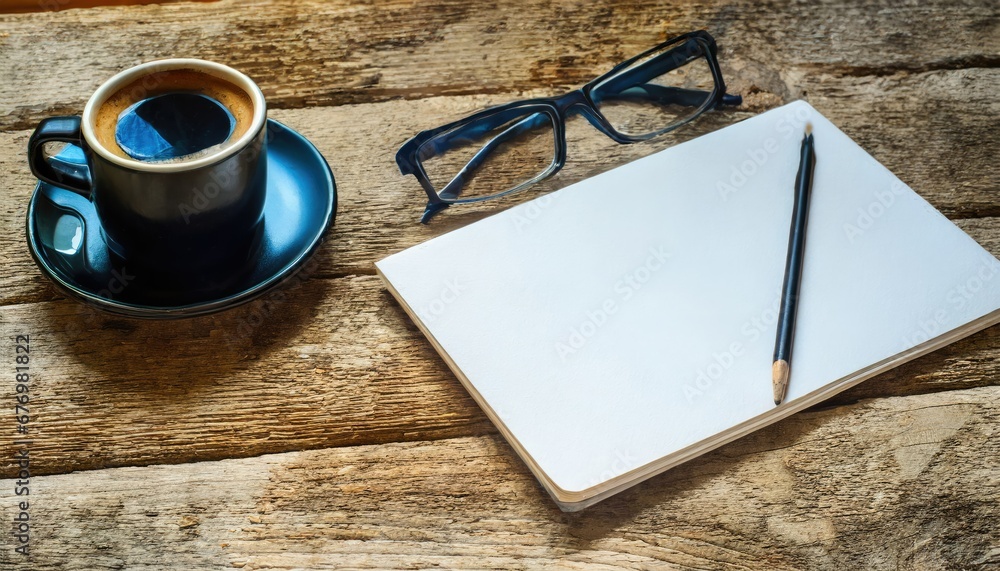 Bureau Rustique avec Café, Cahier et Lunettes
