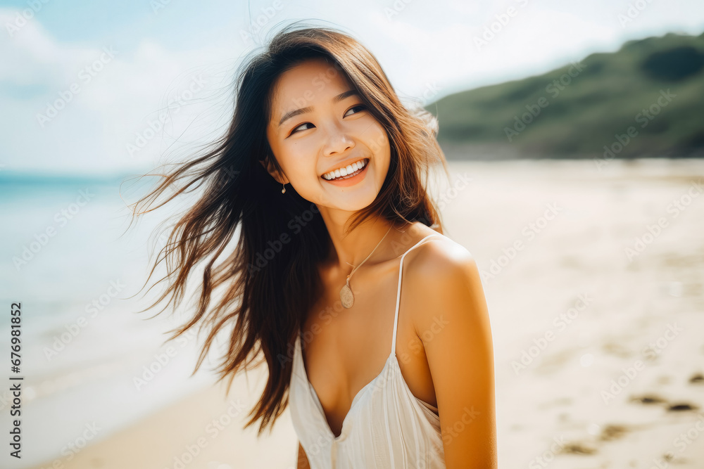 Happy beautiful young asian woman smiling at the beach. Summer at the beach, positivity and happy carefree lifestyle. Happy beautiful young asian woman smiling at the beach. Summer at the beach, positivity and happy carefree lifestyle.