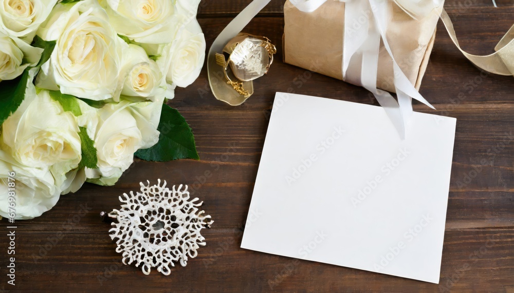 Roses Blanches et Cadeau avec Carte Vierge