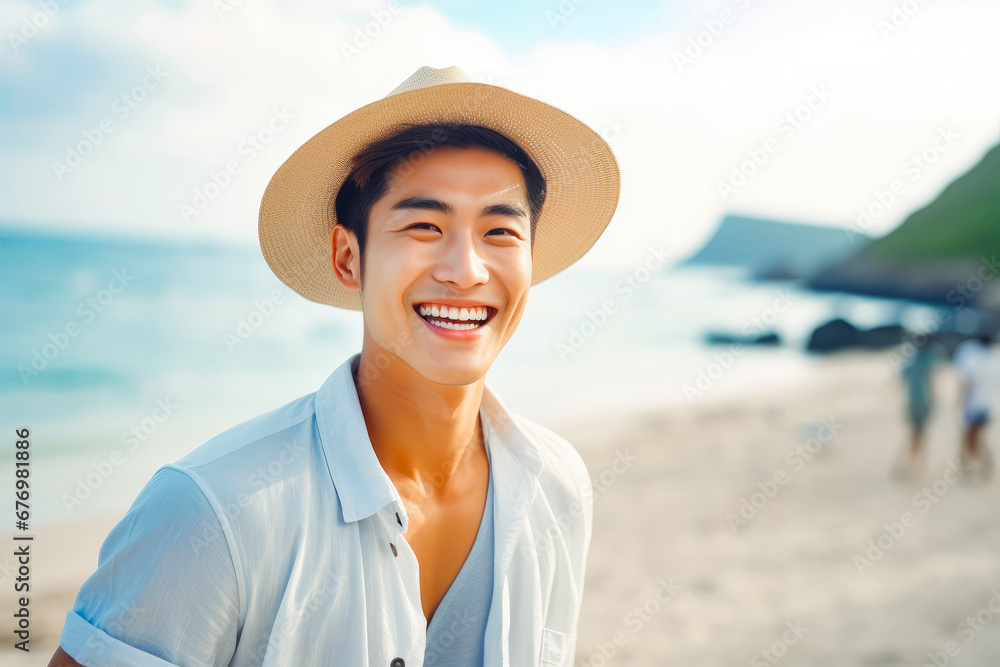 Happy handsome young chinese man smiling at the beach. Summer at the beach, positivity and happy carefree lifestyle. Happy handsome young chinese man smiling at the beach. Summer at the beach, positivity and happy carefree lifestyle.