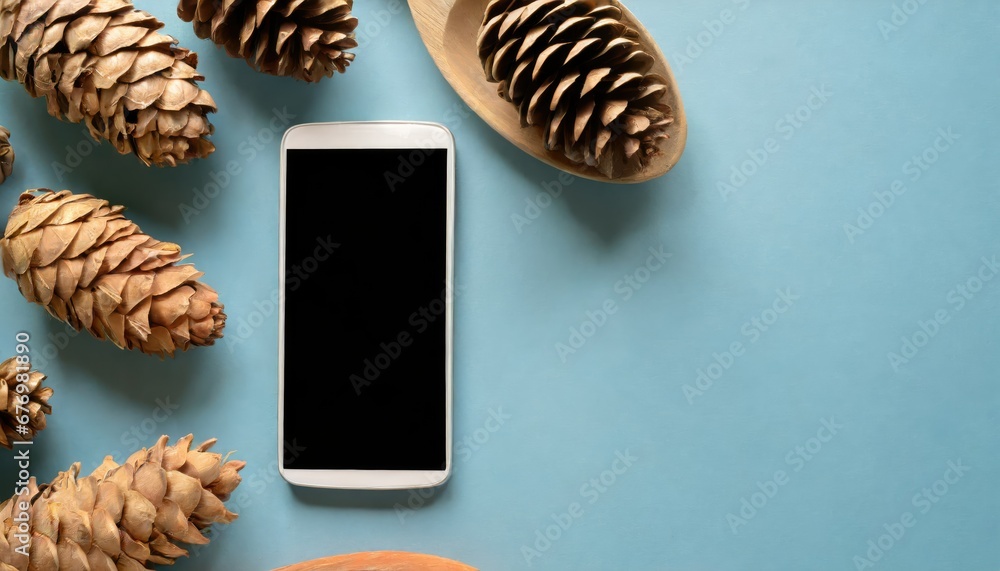 Smartphone et Pommes de Pin sur Fond Bleu