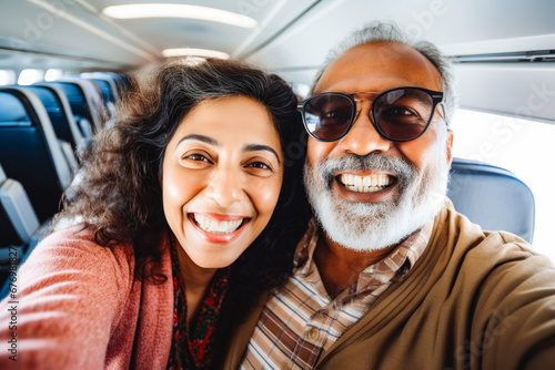 Happy smiling older indian tourist couple taking selfie inside airplane. Tourism concept, holidays and traveling lifestyle.