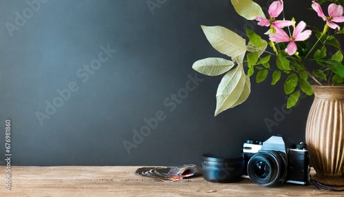 Appareil Photo Vintage avec Fleurs en Vase