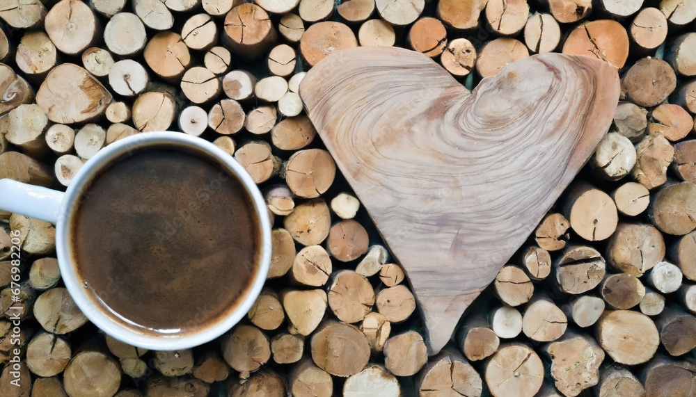 Café et coeur en bois