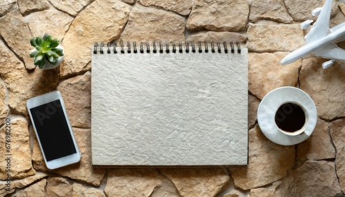 Espace de travail avec cahier et café