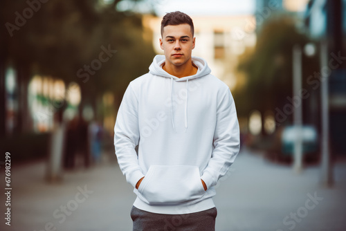 Man wearing plain white hoodie for mockup. Fashion model male with white hoodie and neutral background. White hoodie mockup.