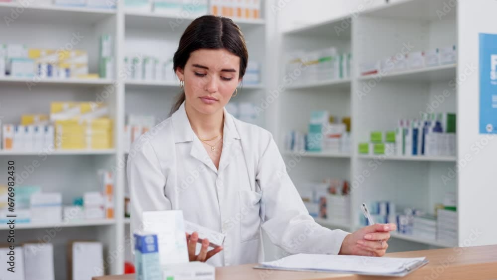 A female pharmacist or clerk working behind the pharmacy counter of a clinic or hospital, selling or prescribing medicine or writing dosage instructions. A caucasian doctor ready to advise patients. A female pharmacist or clerk working behind the pharmacy counter of a clinic or hospital, selling or prescribing medicine or writing dosage instructions. A caucasian doctor ready to advise patients.