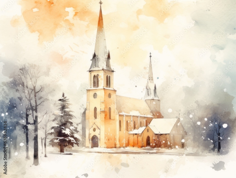 Fototapeta premium A church in a snowy city. Christmas watercolor illustration. Card background frame.
