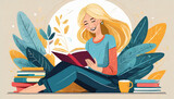 Happy woman sits and reads the book with enjoy and interest. The girl keeps her diary or takes notes. Book therapy session. Mental health concept illustration