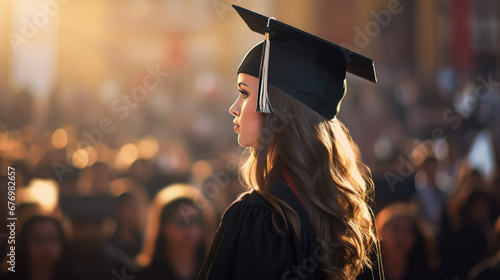 High school or university graduate wearing a square graduation cap stands in front of a crowd of graduates at a street graduation celebration. View from the back.