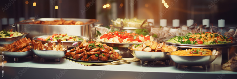 Open kitchen off the dining room. Trays with a varied assortment of prepared food. Table with delicious food, buffet. Open kitchen off the dining room. Trays with a varied assortment of prepared food. Table with delicious food, buffet.
