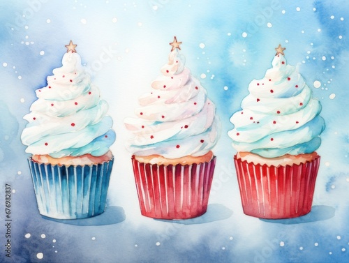 Three cupcakes with cream. Christmas watercolor illustration. Card background frame.