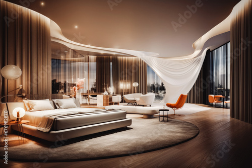 Modern open space hotel room interior with bed. Open space modern living interior design. Dark big living space. Architecture and home design.