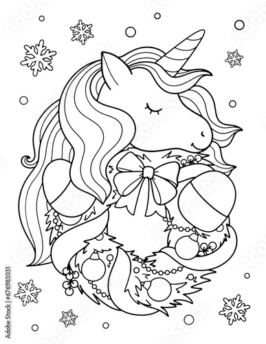 Merry Christmas unicorn coloring. Hand drawn vector illustration. Magical animal. Coloring book pages for adults and kids. 
Unicorn with Christmas wreath, snowflakes