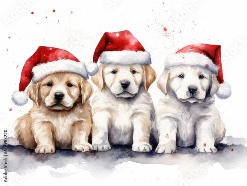 Puppies in Santa Claus hats. Christmas watercolor illustration. Card background frame. © keystoker