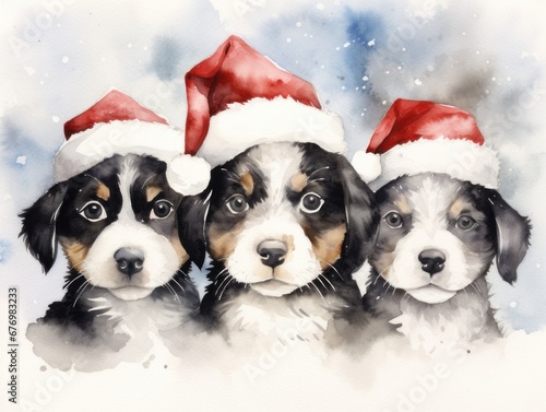 Puppies in Santa Claus hats. Christmas watercolor illustration. Card background frame. © keystoker