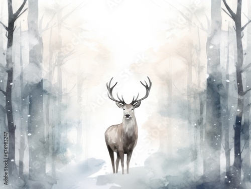 Deer in a snowy forest. Christmas watercolor illustration. Card background frame.