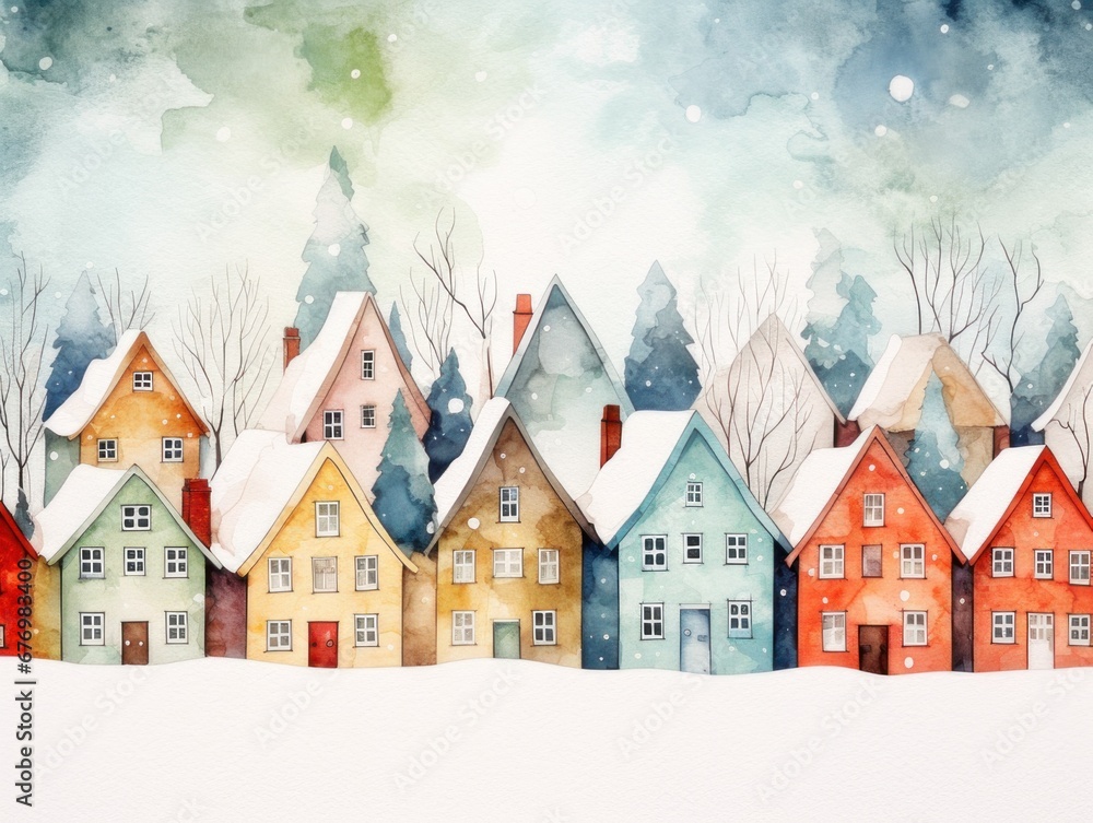 Snow-covered houses. Christmas watercolor illustration. Card background frame.