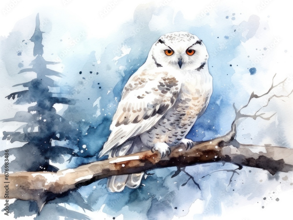 A snowy owl sits on a branch. Christmas watercolor illustration. Card background frame. A snowy owl sits on a branch. Christmas watercolor illustration. Card background frame.