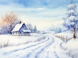 A lonely house in a snowy forest. Christmas watercolor illustration. Card background frame.