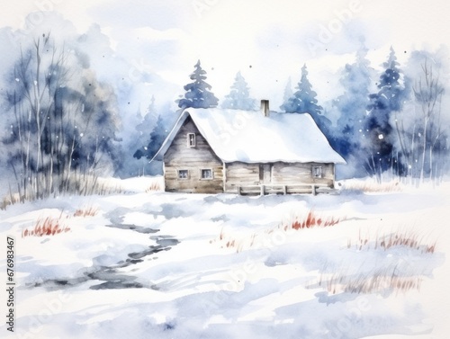 A lonely house in a snowy forest. Christmas watercolor illustration. Card background frame.