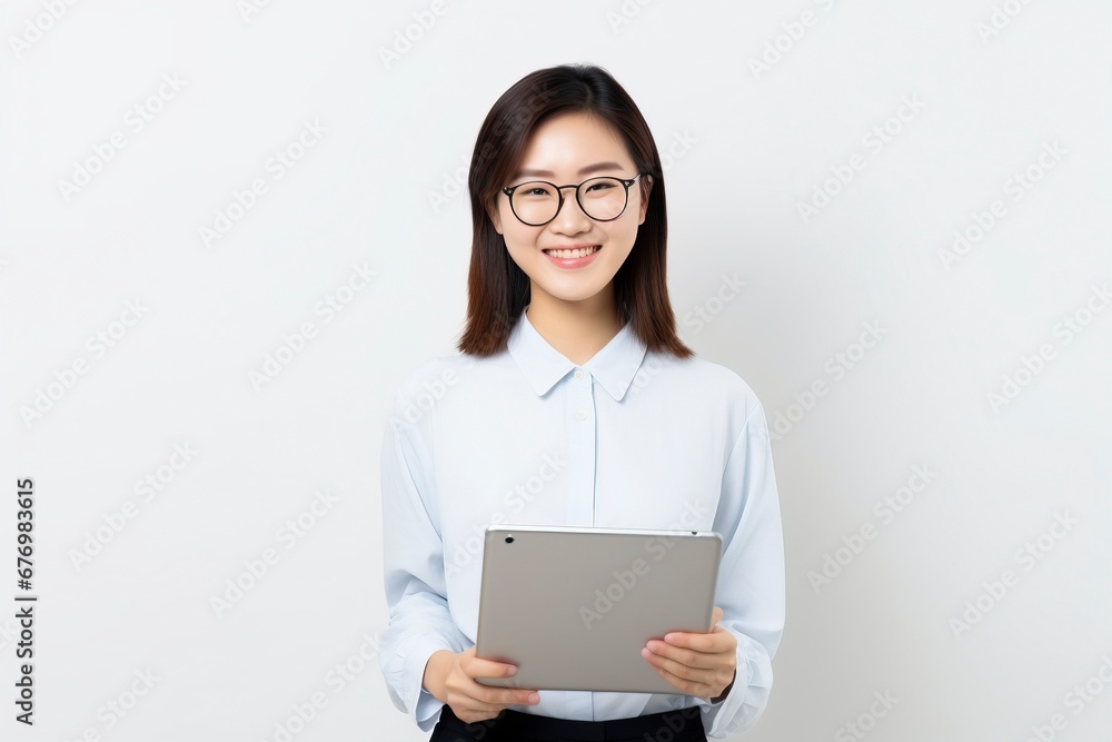 Image of young asian woman company worker in glasses smiling and holding digital tablet standing over white background, generative ai Image of young asian woman company worker in glasses smiling and holding digital tablet standing over white background, generative ai