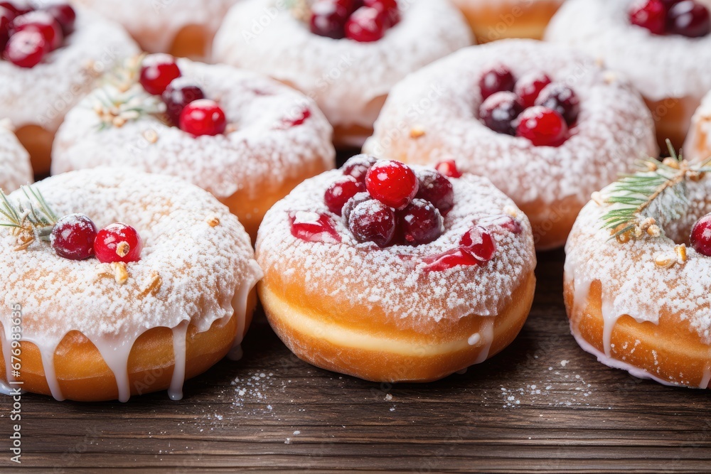 Hanukkah sweet food doughnuts sufganiyot with powdered sugar and fruit jam on wooden background. Shallow DOF. Jewish holiday Hanukkah concept. Top view with copy space Hanukkah sweet food doughnuts sufganiyot with powdered sugar and fruit jam on wooden background. Shallow DOF. Jewish holiday Hanukkah concept. Top view with copy space