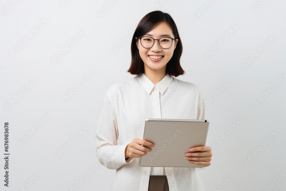 Image of young asian woman company worker in glasses smiling and holding digital tablet standing over white background, generative ai Image of young asian woman company worker in glasses smiling and holding digital tablet standing over white background, generative ai