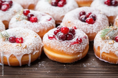 Hanukkah sweet food doughnuts sufganiyot with powdered sugar and fruit jam on wooden background. Shallow DOF. Jewish holiday Hanukkah concept. Top view with copy space