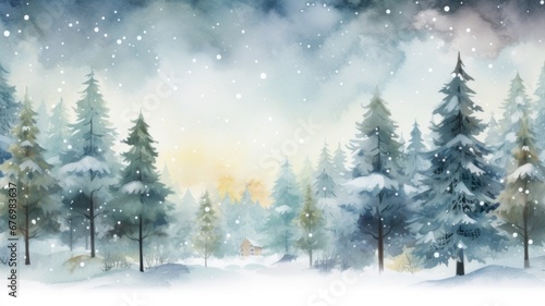 Christmas trees, forest. Christmas watercolor illustration. Card background frame.