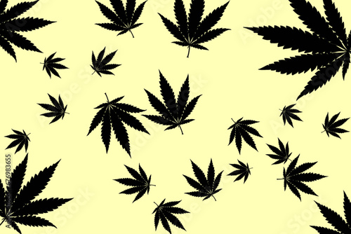 leaf abstract background, silhouette shape of marijuana leaves on a yellow background