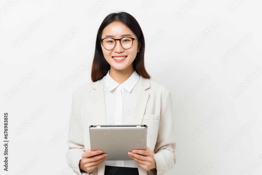 Image of young asian woman company worker in glasses smiling and holding digital tablet standing over white background, generative ai Image of young asian woman company worker in glasses smiling and holding digital tablet standing over white background, generative ai