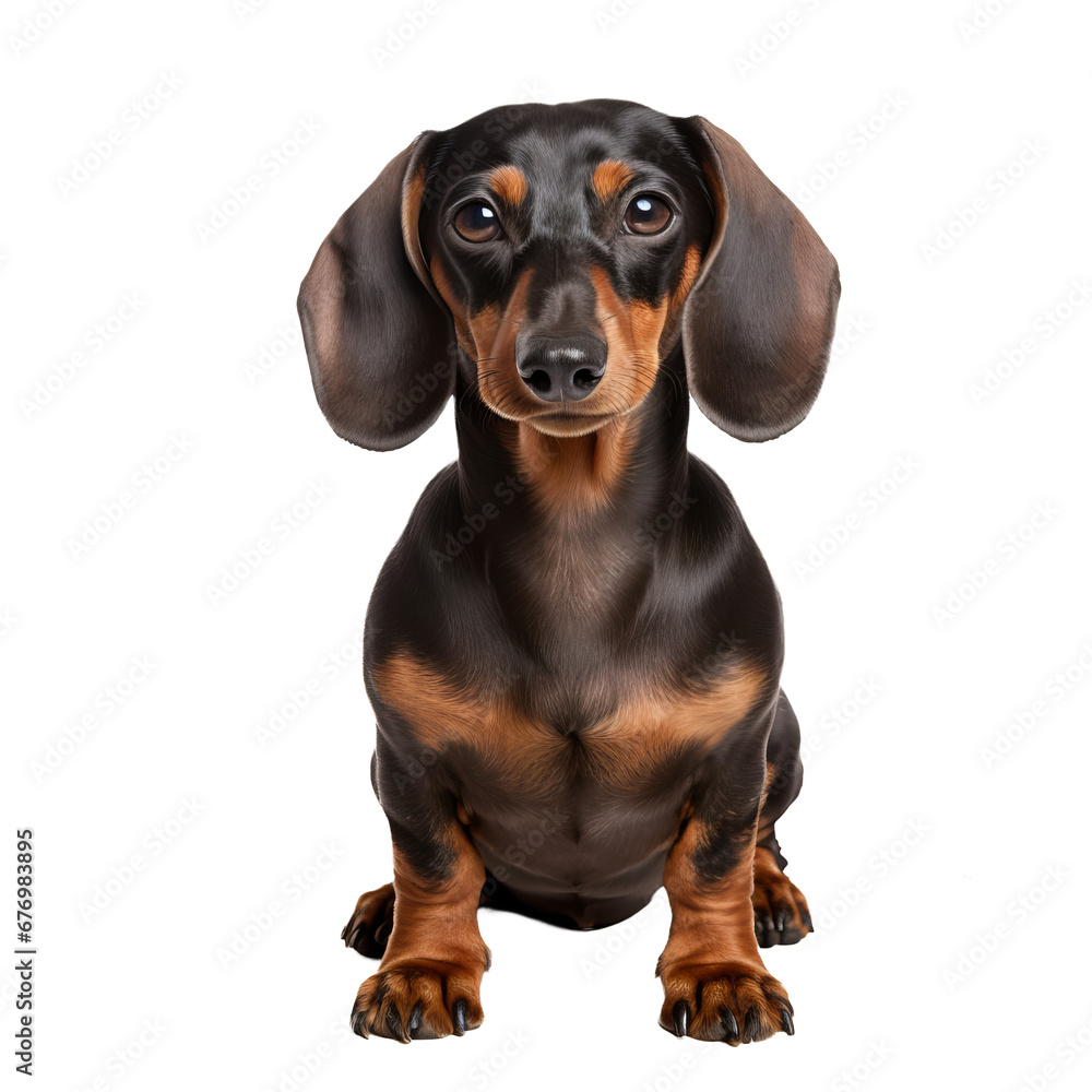 A Dachshund dog displayed in full body, with sleek brown fur, elongated torso, and stubby legs, set against a transparent background.