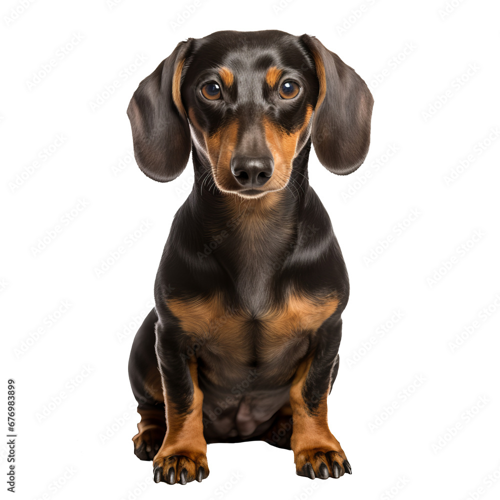 A full-body illustration of a dachshund dog on a transparent background, displaying its long silhouette and playful stance.