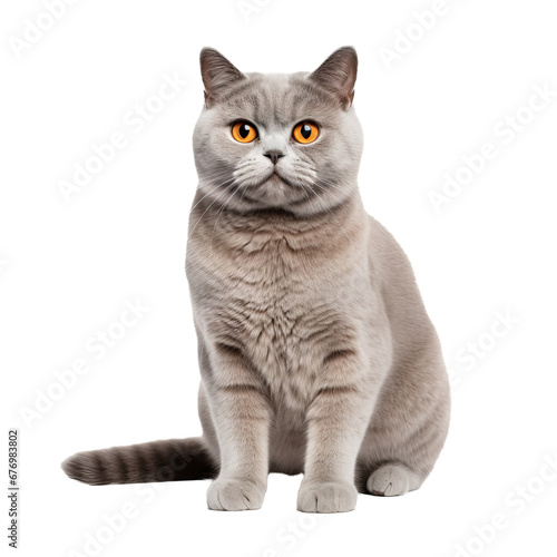 British Shorthair cat, full-bodied and poised, showcased against a clear, transparent background, highlighting its plush coat and sturdy build.