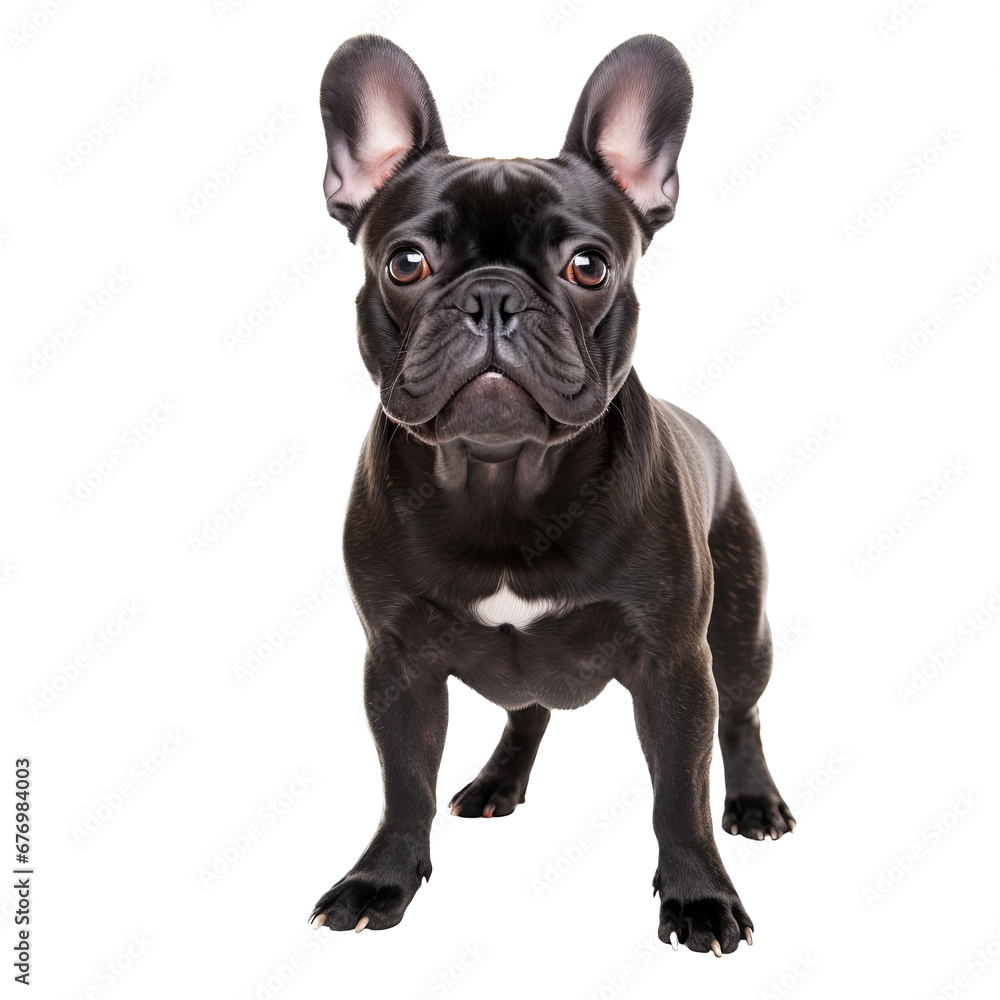 French bulldog in full stance, with its compact body and distinctive bat-like ears displayed, isolated on a transparent background.