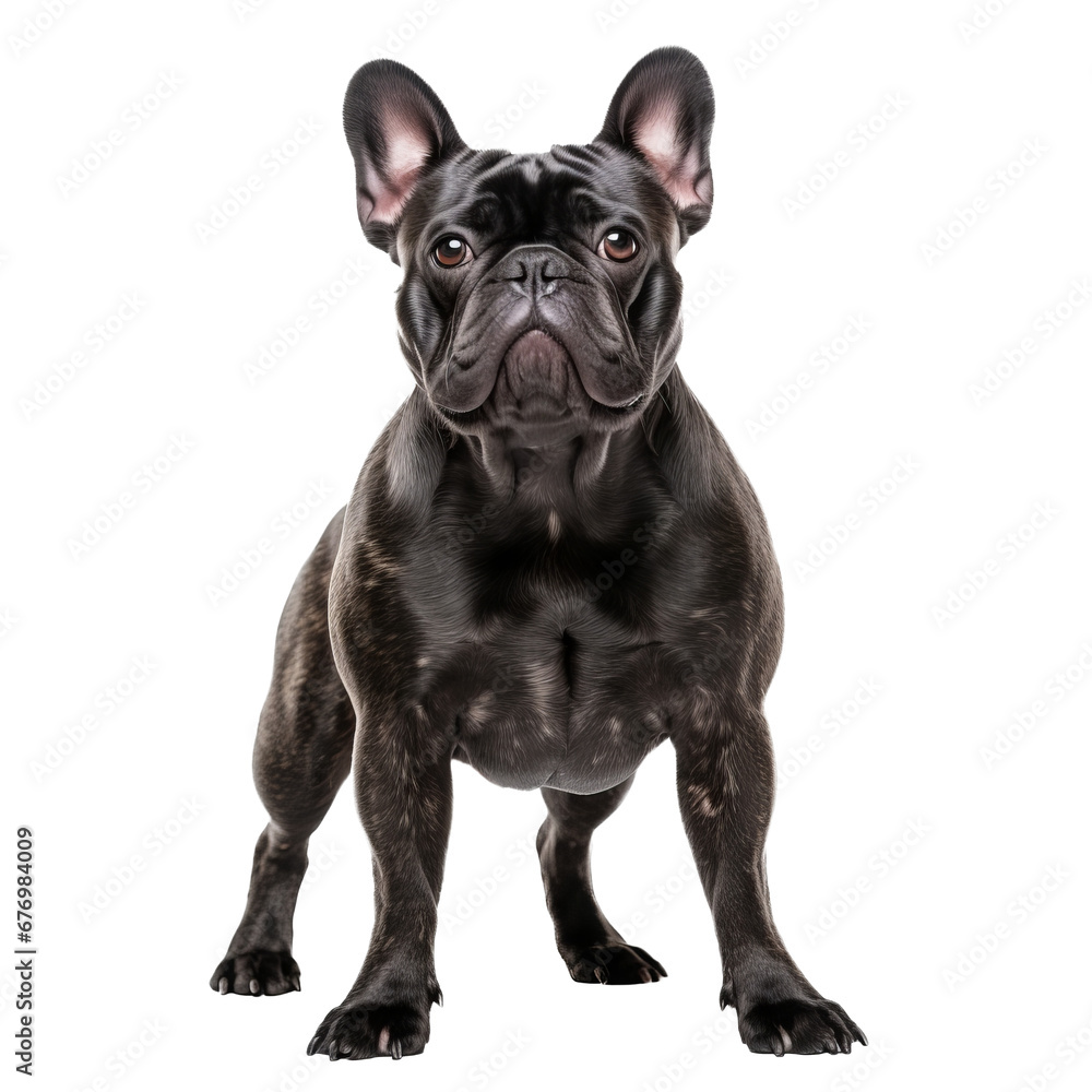 French bulldog in full body pose stands alert, showcasing its muscular build and bat-like ears, all set against a clean transparent backdrop.