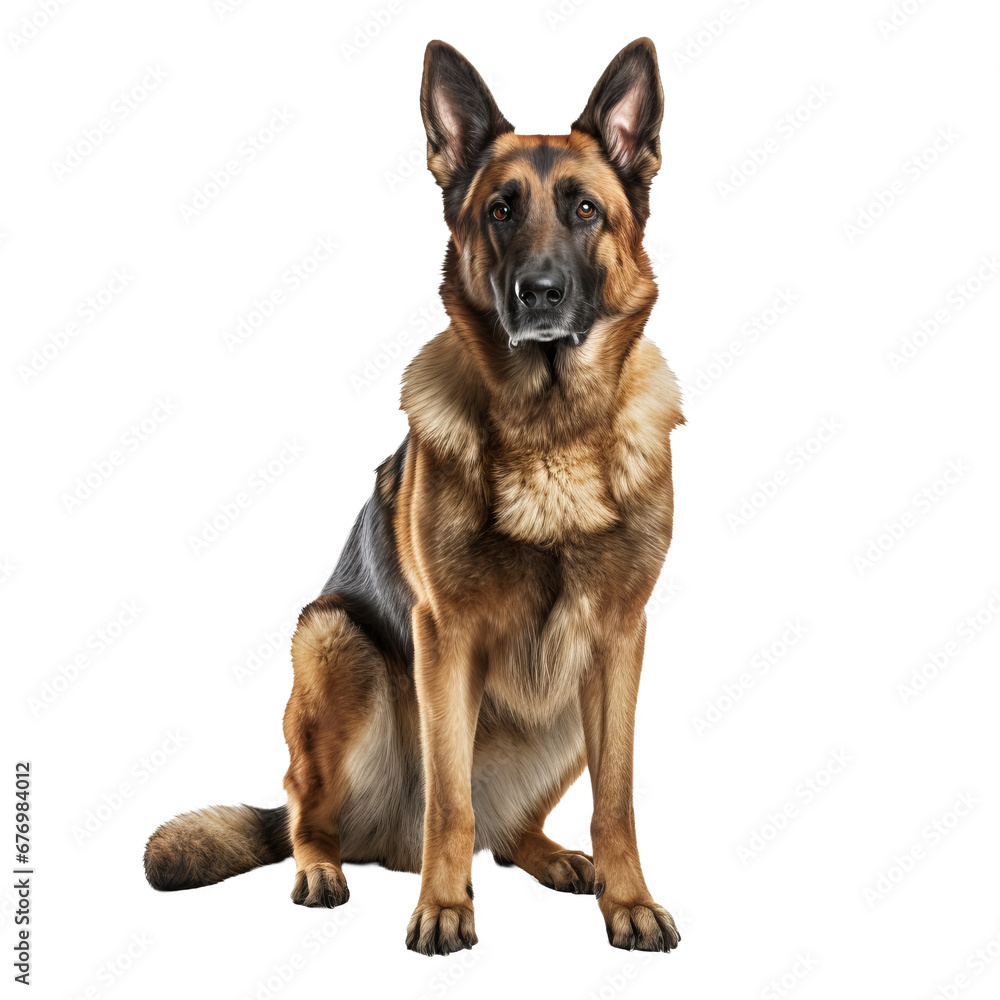 A German Shepherd stands alert with a composed stance, showcasing its full body against a clear, transparent backdrop.
