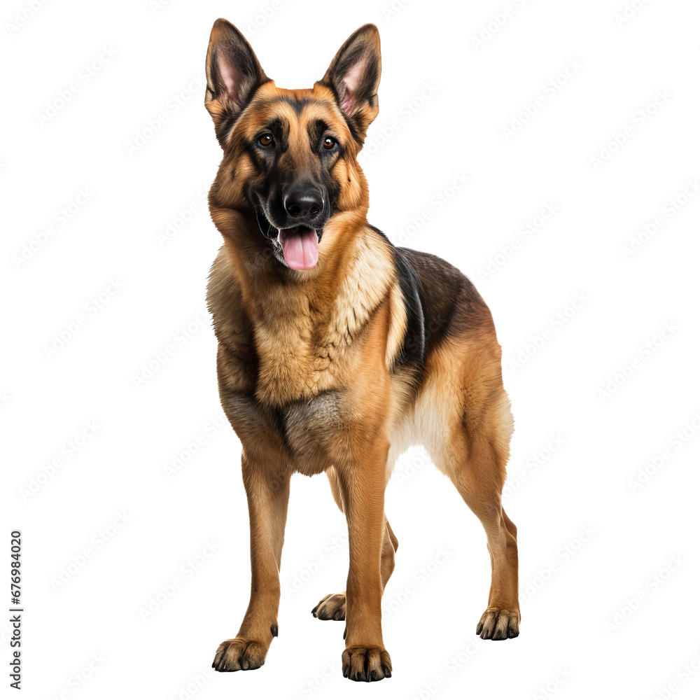 German shepherd standing side view, full body visible, on transparent background, depicting the breed's stature & features.