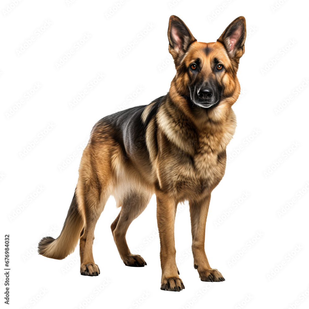 German shepherd dog, full-body pose, showcased clearly against a transparent backdrop.