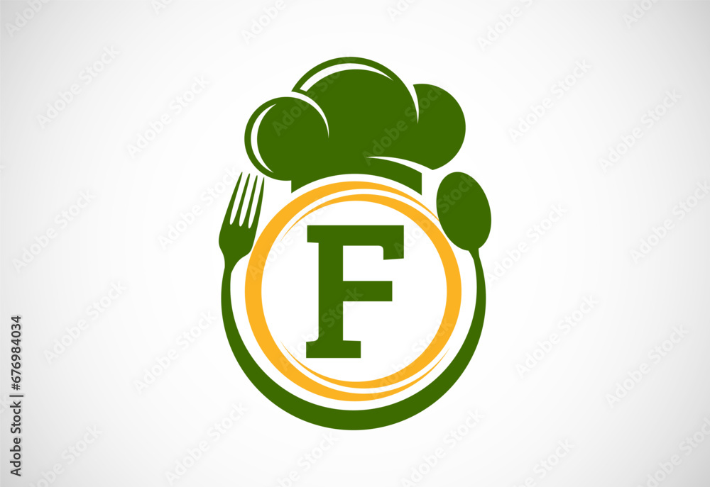 Initial alphabet F with chef hat, spoon and fork. Modern vector logo for cafe, restaurant, cooking business, and company identity Initial alphabet F with chef hat, spoon and fork. Modern vector logo for cafe, restaurant, cooking business, and company identity
